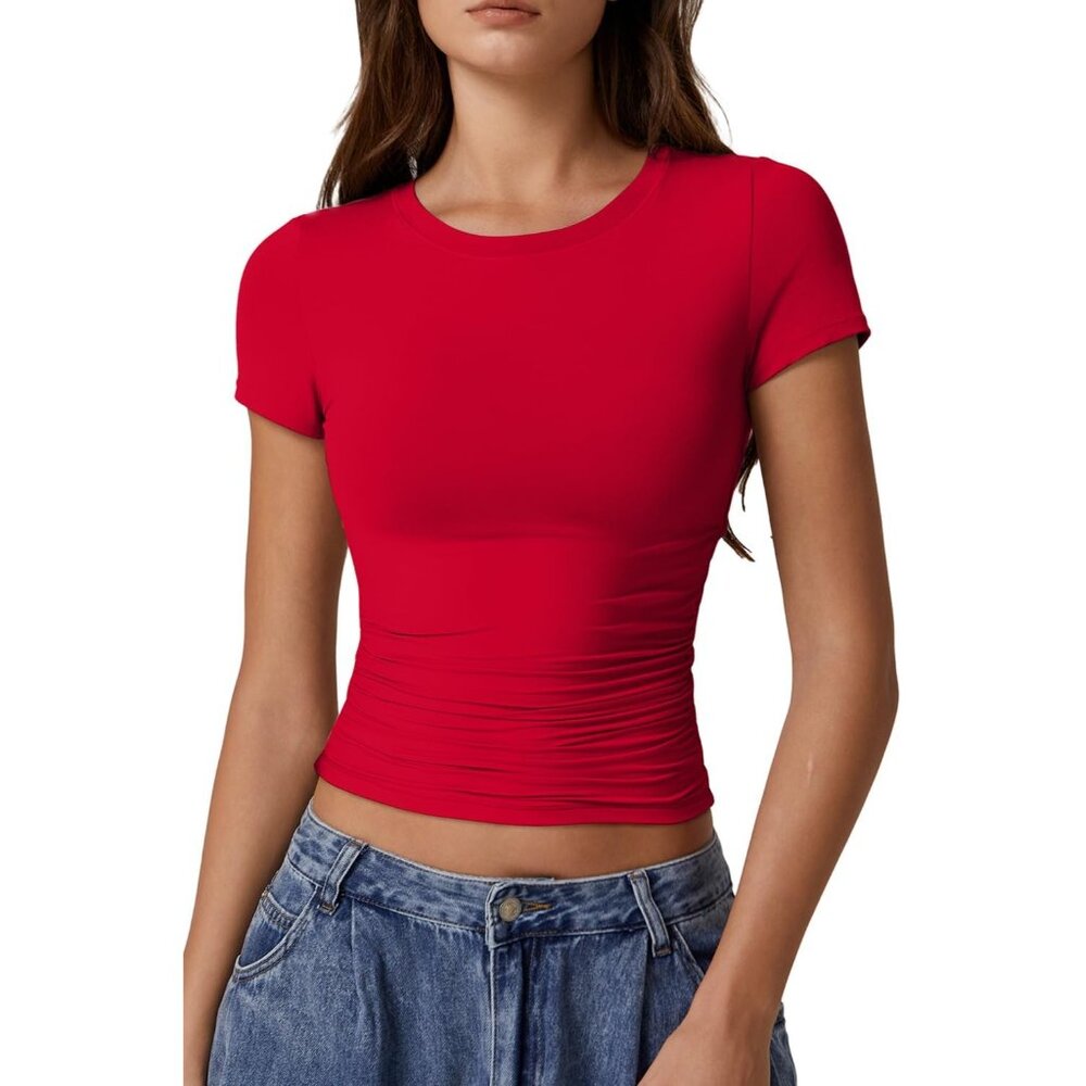 Women's Crop Tops Red Short Sleeve Classic Round Neck Side Ruched Pleated
